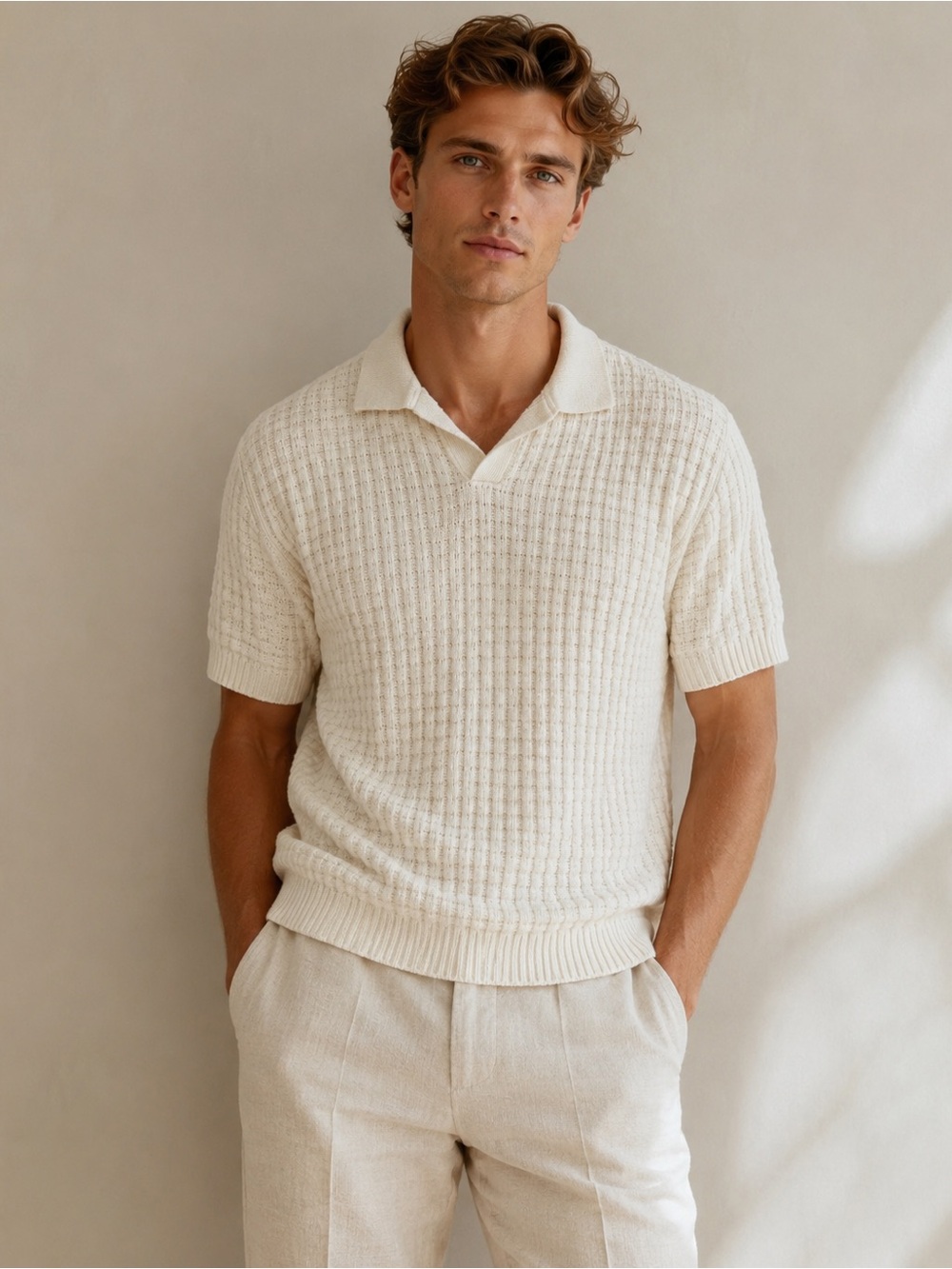 American Eagle Cream Textured Knit Polo Sweater Short Sleeve Men's S Old Money